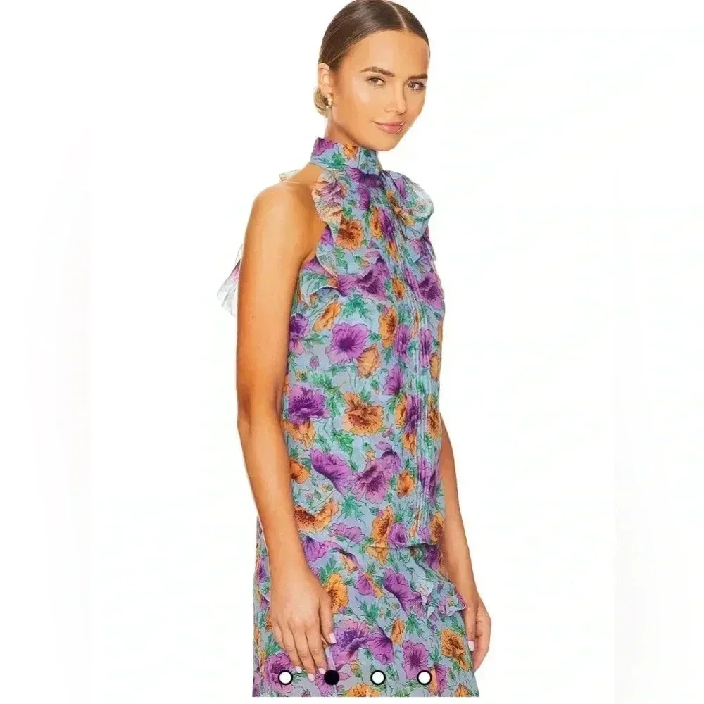 NWT VERONICA BEARD Silk Dali Top Ruffle Lake Blue Multi size 4 - Picture 2 of 7